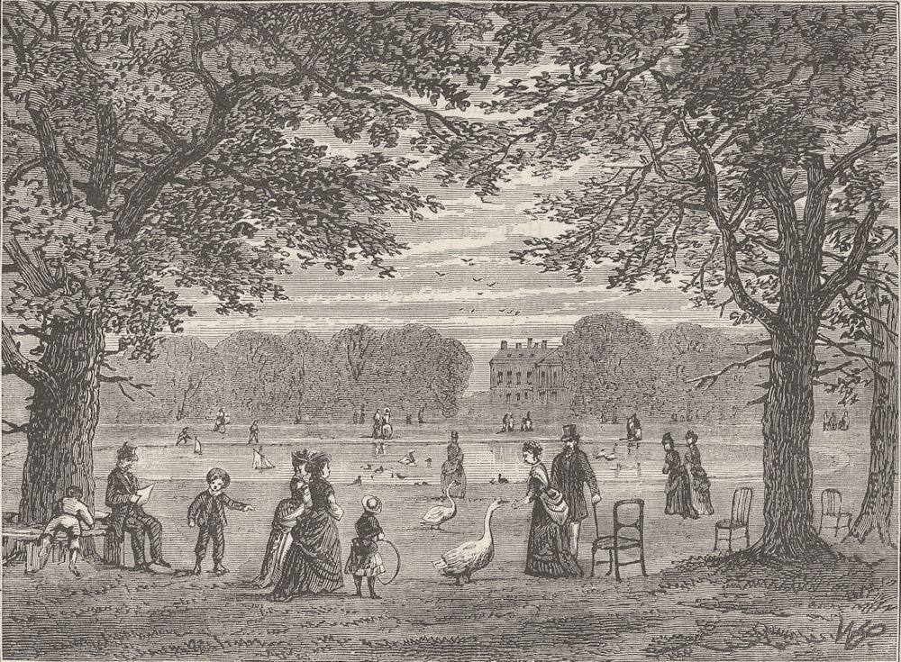 KENSINGTON PALACE. The Round Pond, Kensington Gardens. London c1880 old print